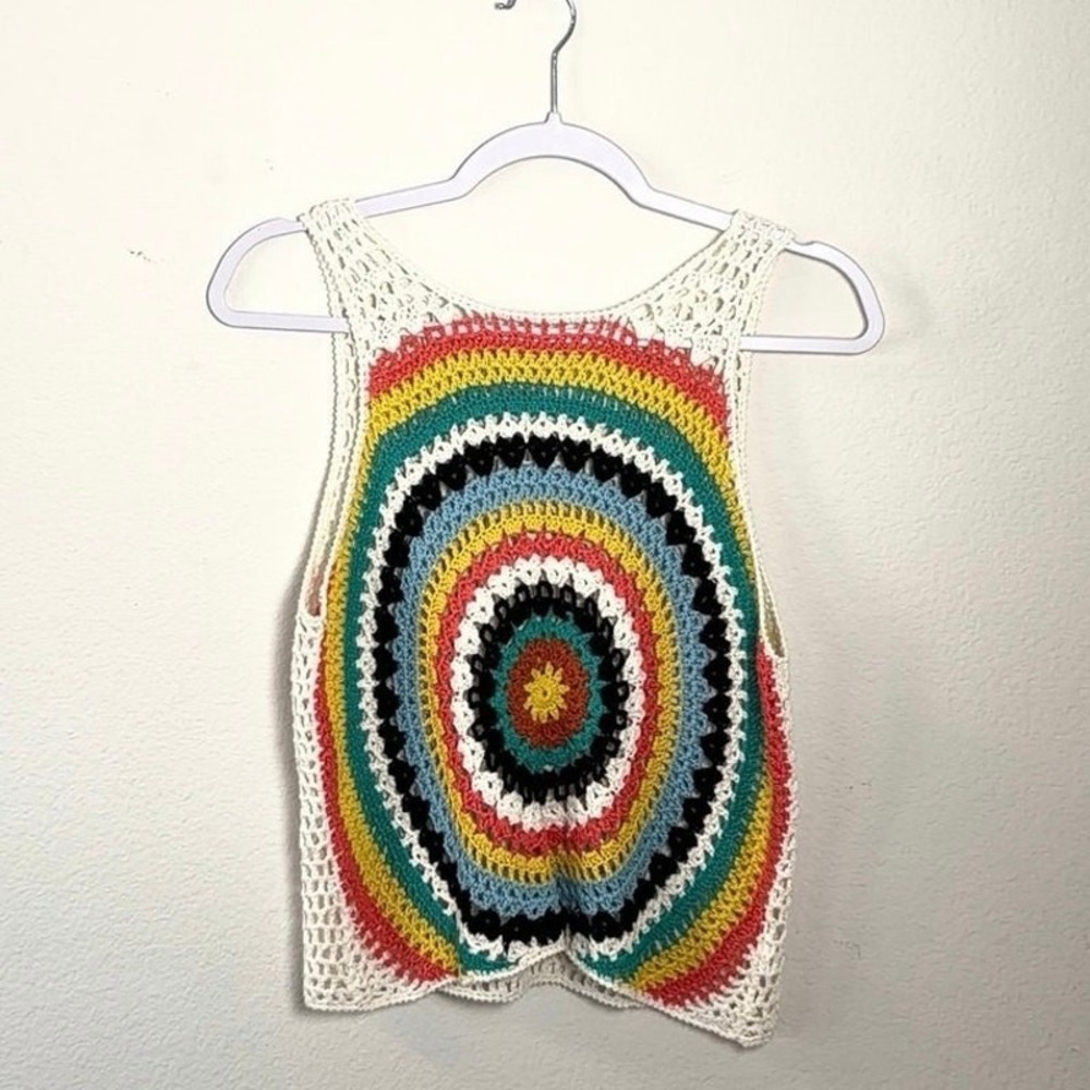 Altar'd State Rainbow Crochet Tank Boho Festival Open Knit Sweater Vest Large